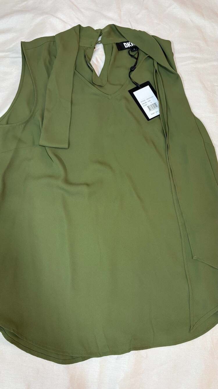 DKNY Sleeveless Tie Neck Blouse Size S Olive Green Top